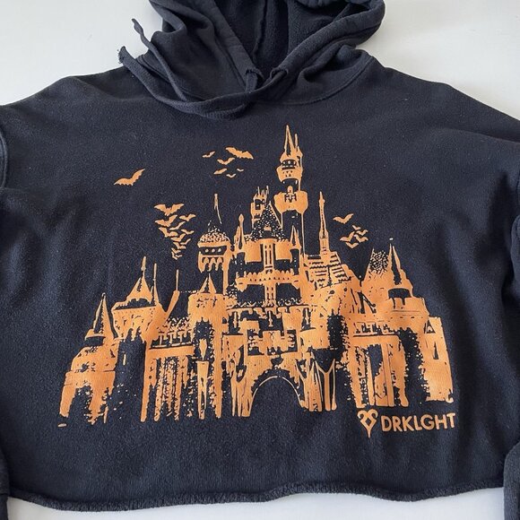 Disney Goth Cropped Boxy Hooded Sweatshirt Black With Orange Castle Halloween S - Picture 2 of 8